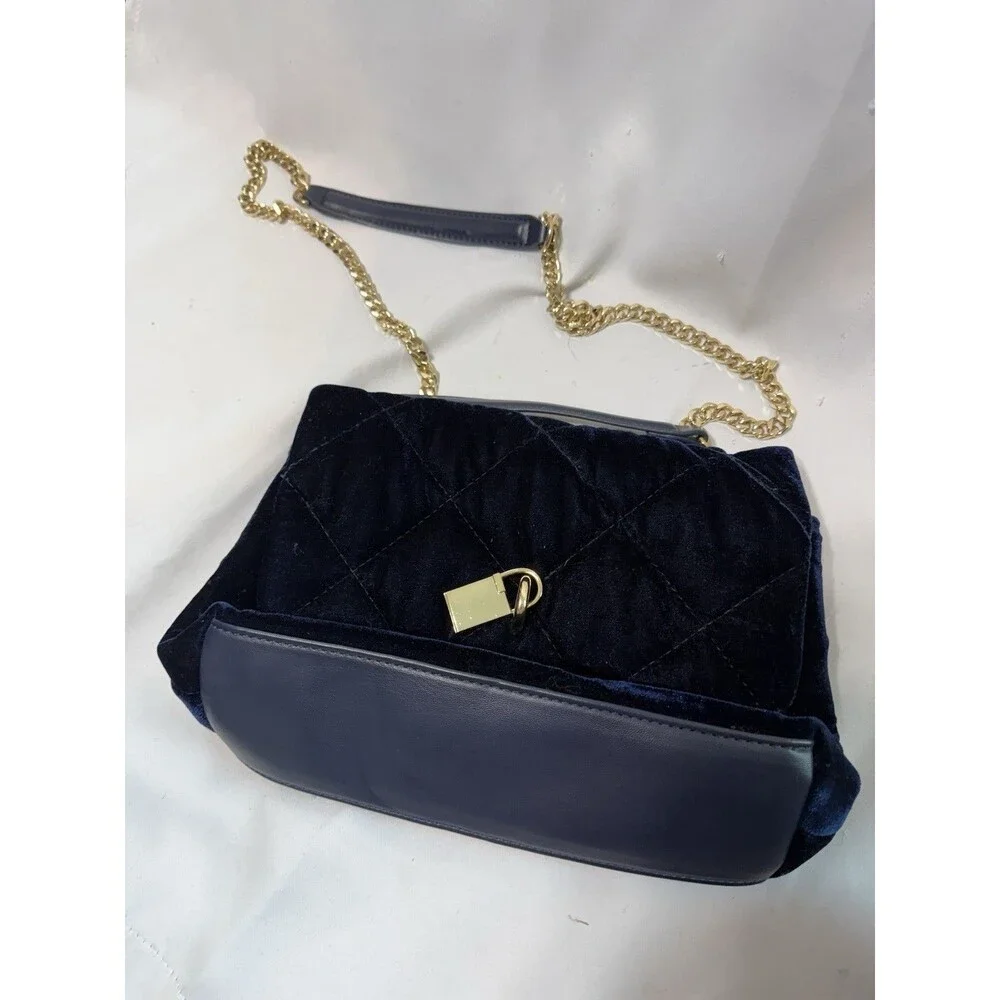 Steve Madden Midnight Navy Blue Velvet Quilted Shoulder Bag Gold Chain Link